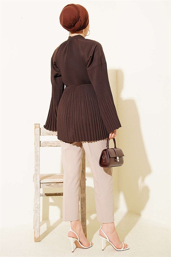 Pleated Shirt with Drawstring, Coffee