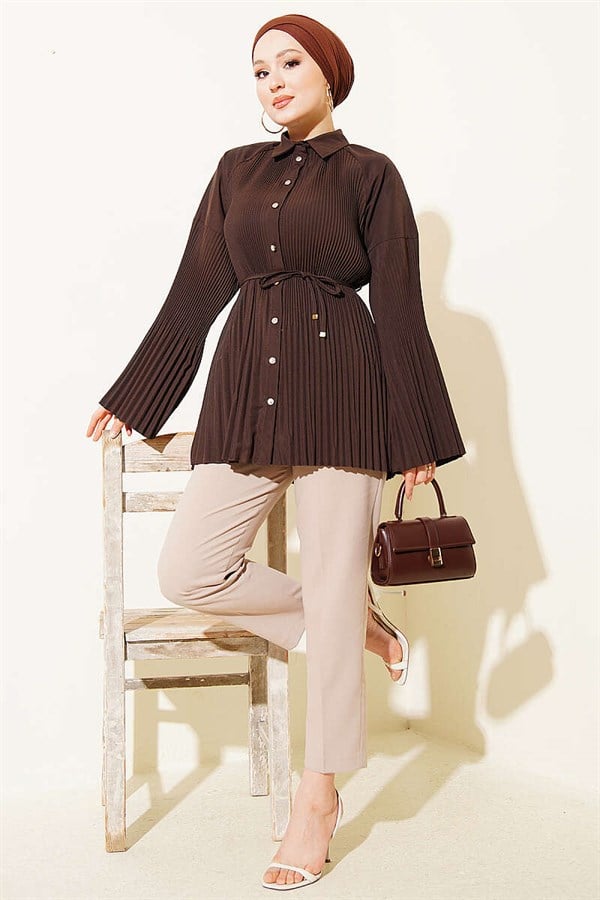 Pleated Shirt with Drawstring, Coffee