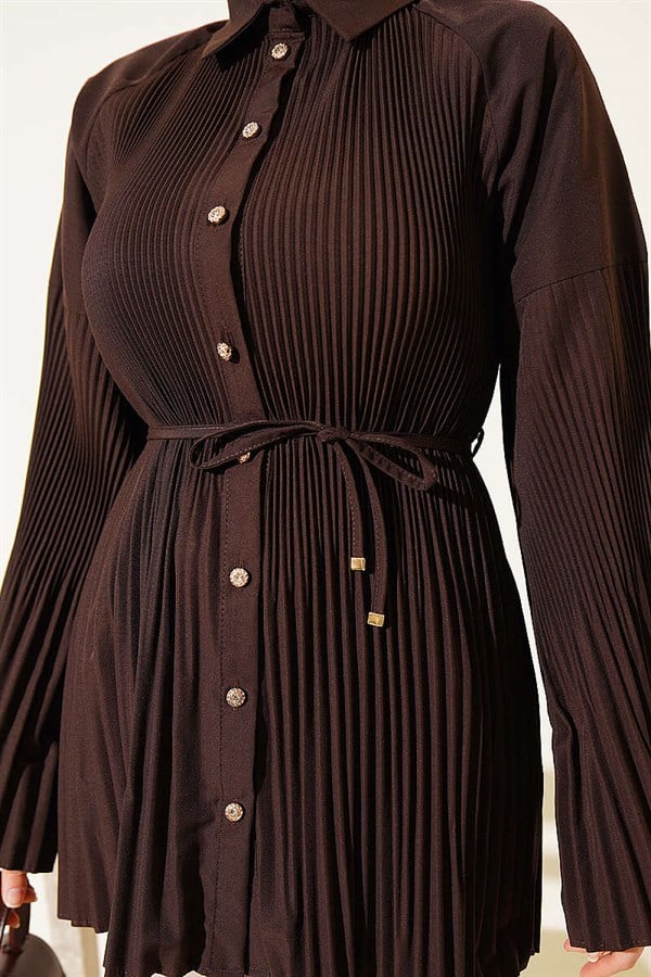 Pleated Shirt with Drawstring, Coffee