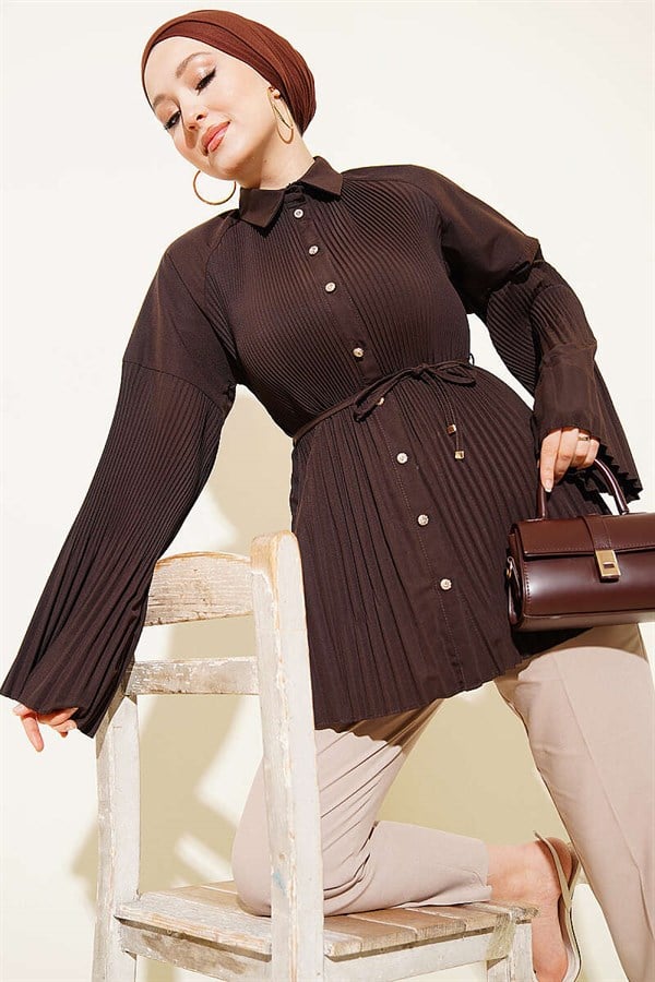 Pleated Shirt with Drawstring, Coffee