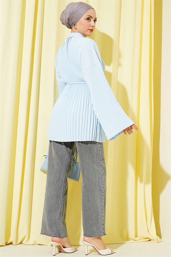 Pleated Shirt with Drawstring, Blue
