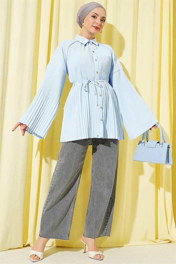 Pleated Shirt with Drawstring, Blue