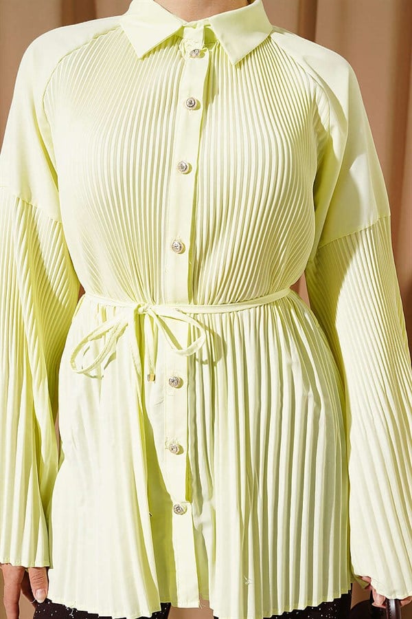 Pleated Shirt with Drawstring, Neon Green