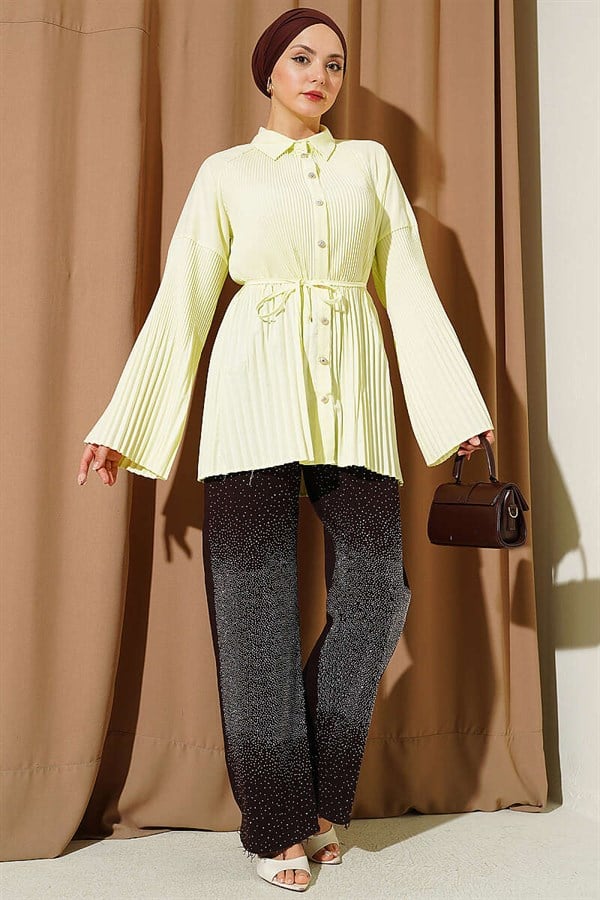 Pleated Shirt with Drawstring, Neon Green
