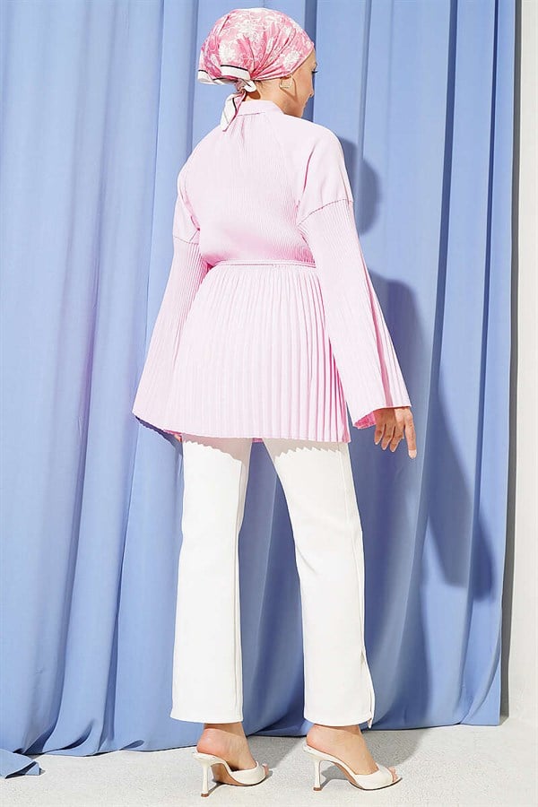 Pink Pleated Shirt with Drawstring