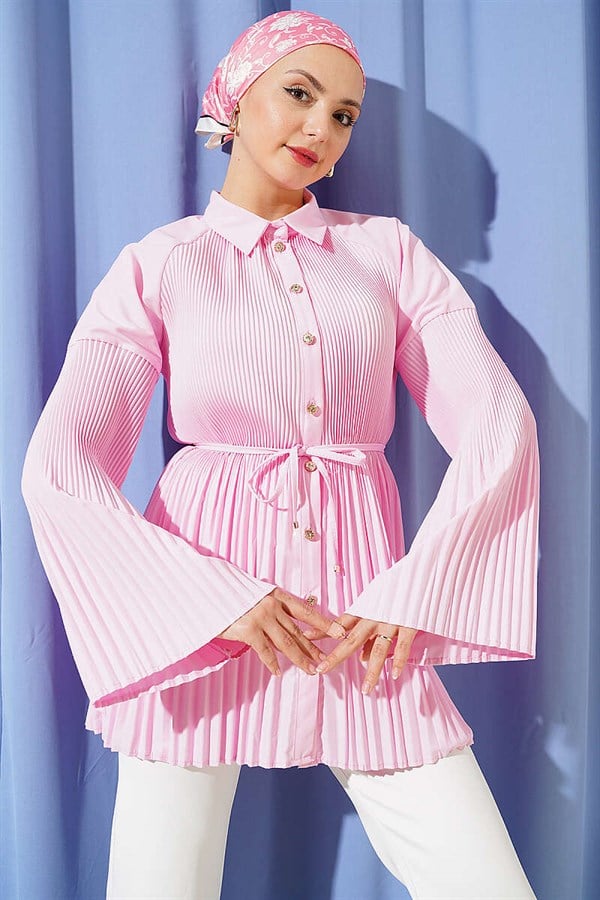 Pink Pleated Shirt with Drawstring
