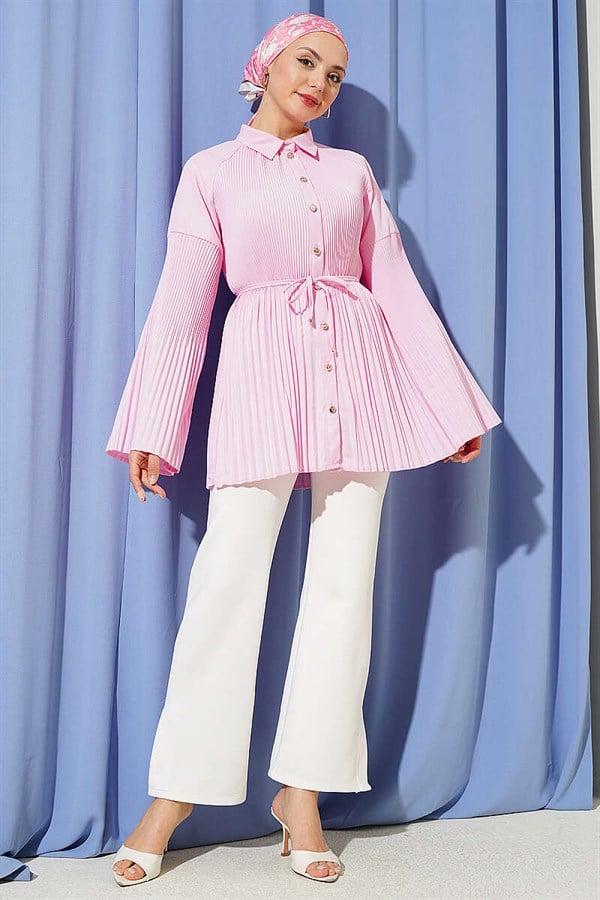 Pink Pleated Shirt with Drawstring