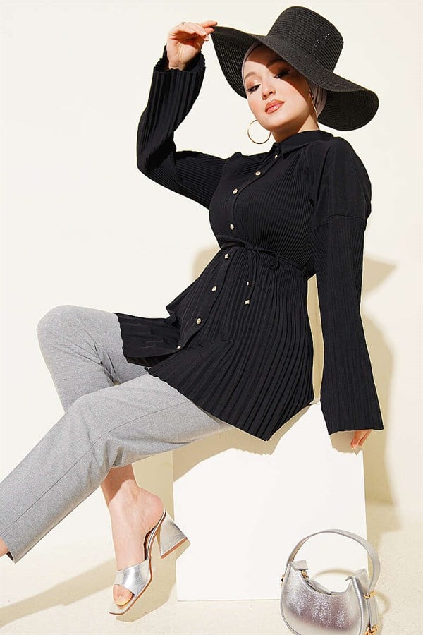 Pleated Shirt with Drawstring, Black