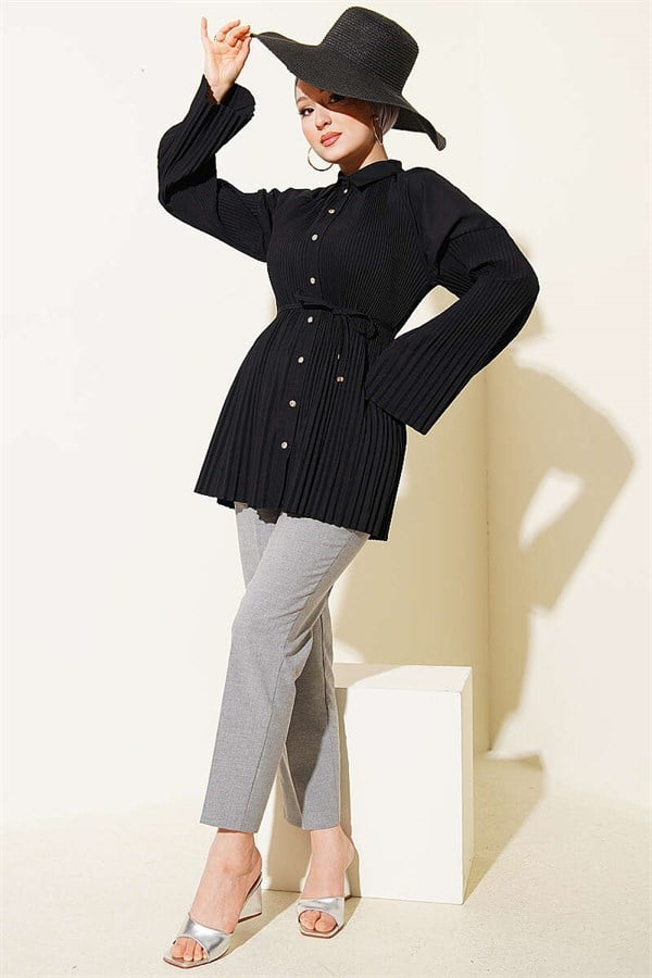 Pleated Shirt with Drawstring, Black