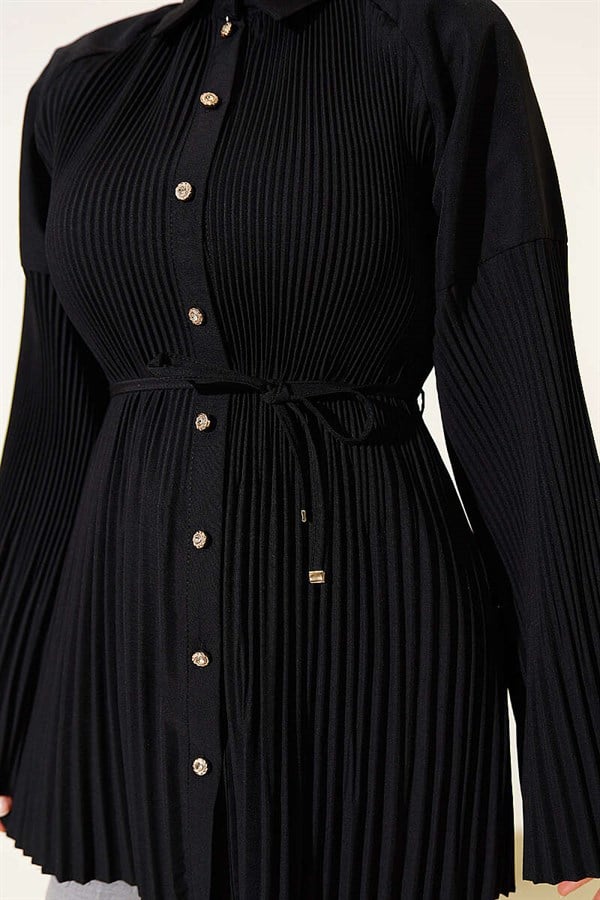 Pleated Shirt with Drawstring, Black