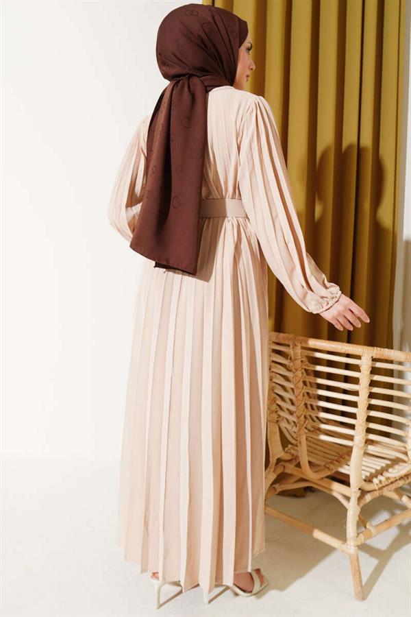 Pleated Belted Aerobin Dress Beige