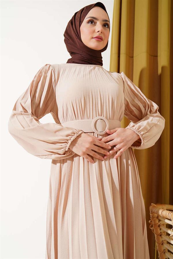 Pleated Belted Aerobin Dress Beige