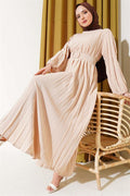 Pleated Belted Aerobin Dress Beige