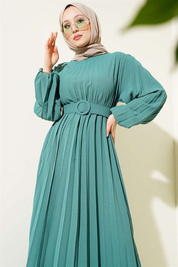 Pleated Belted Ayrobin Dress in Sage Green