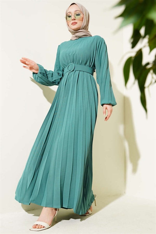 Pleated Belted Ayrobin Dress in Sage Green