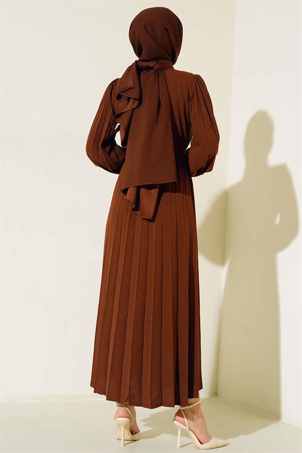 Pleated Belted Aerobin Dress Brown