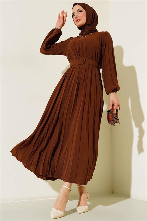 Pleated Belted Aerobin Dress Brown