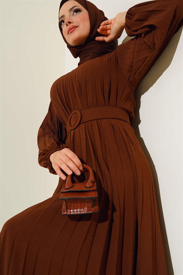 Pleated Belted Aerobin Dress Brown