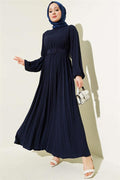 Pleated Belted Aerobin Dress Navy Blue
