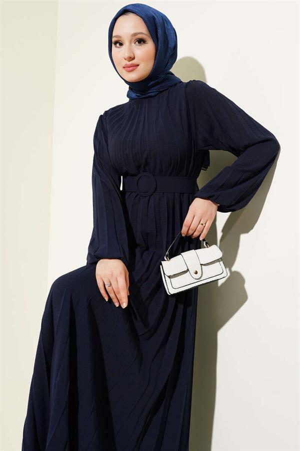 Pleated Belted Aerobin Dress Navy Blue