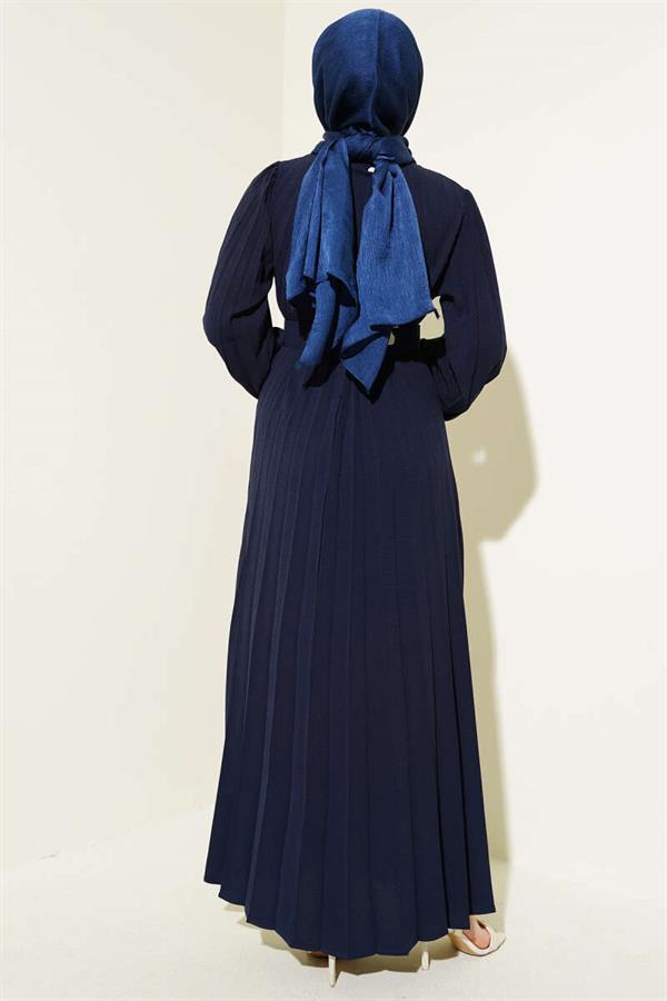 Pleated Belted Aerobin Dress Navy Blue