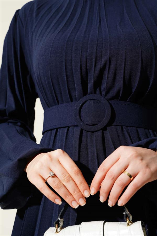 Pleated Belted Aerobin Dress Navy Blue