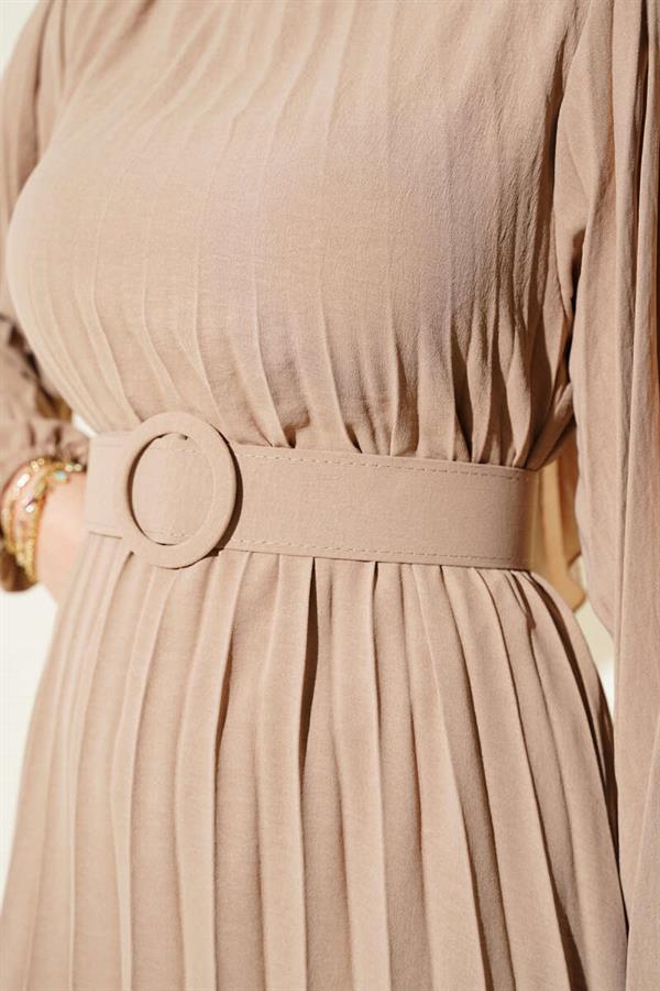 Pleated Belted Aerobin Dress Latte