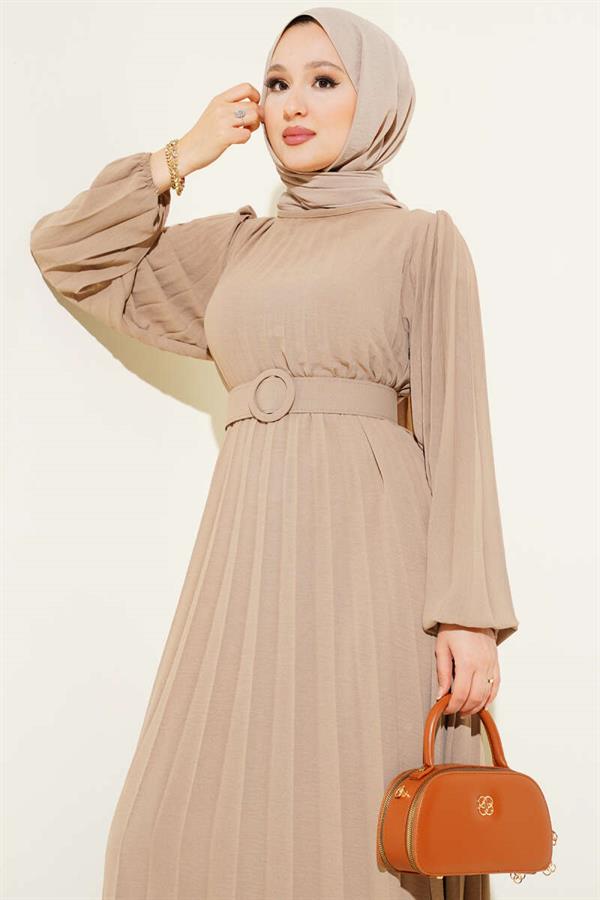 Pleated Belted Aerobin Dress Latte