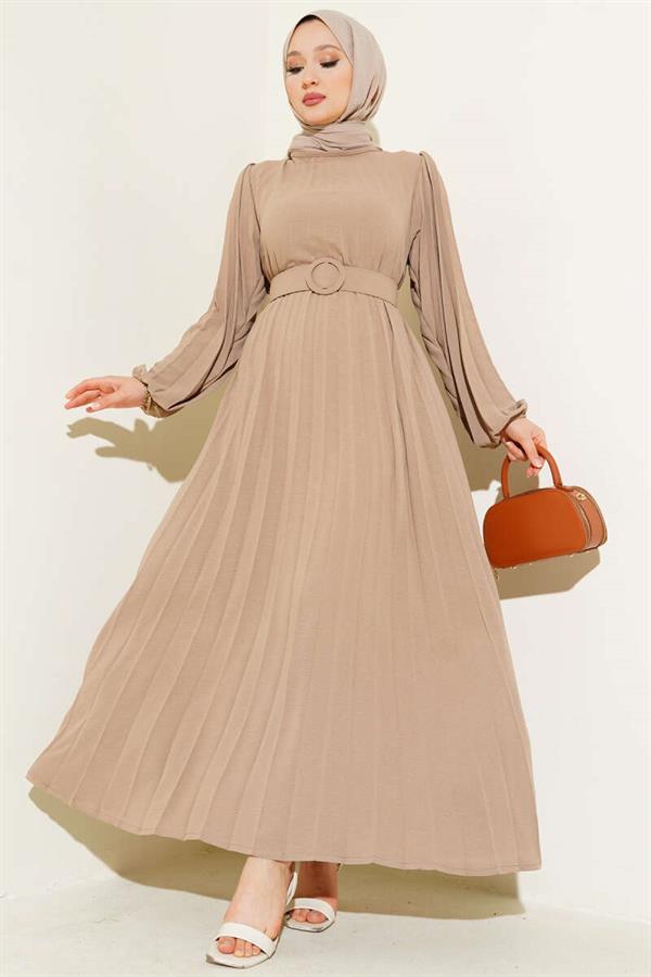 Pleated Belted Aerobin Dress Latte