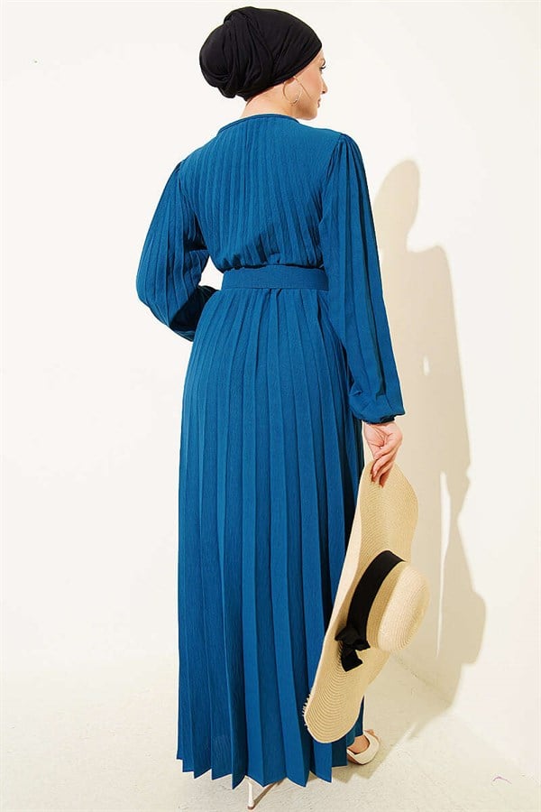 Pleated Belted Ayrobin Dress in Petrol