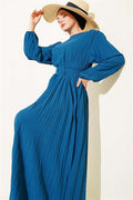 Pleated Belted Ayrobin Dress in Petrol