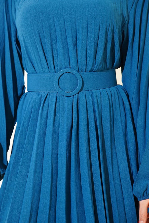 Pleated Belted Ayrobin Dress in Petrol
