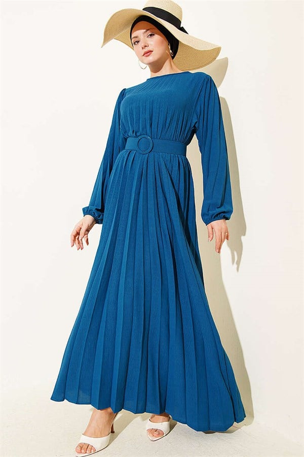Pleated Belted Ayrobin Dress in Petrol