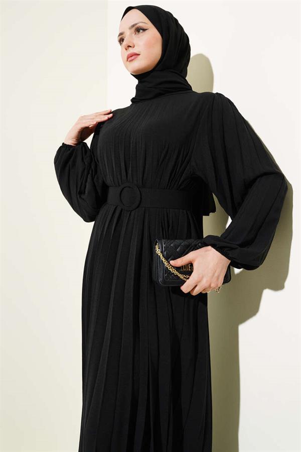 Pleated Belted Aerobin Dress Black