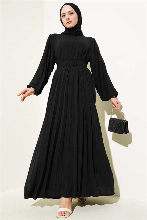 Pleated Belted Aerobin Dress Black