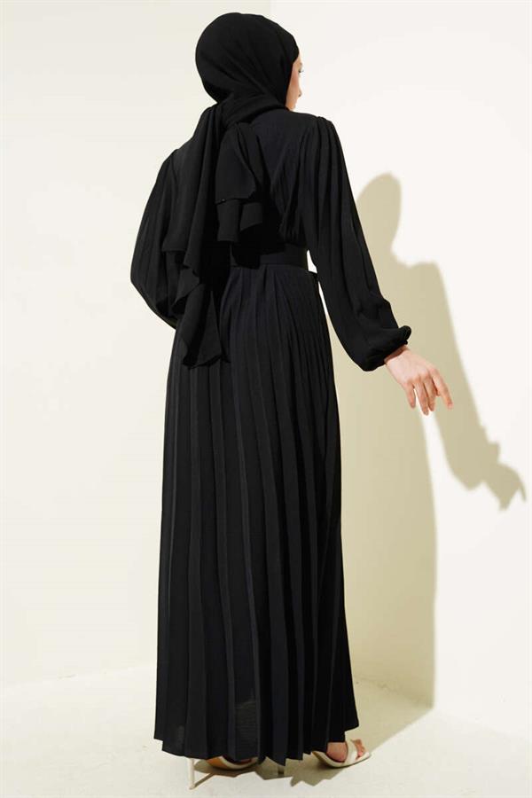 Pleated Belted Aerobin Dress Black
