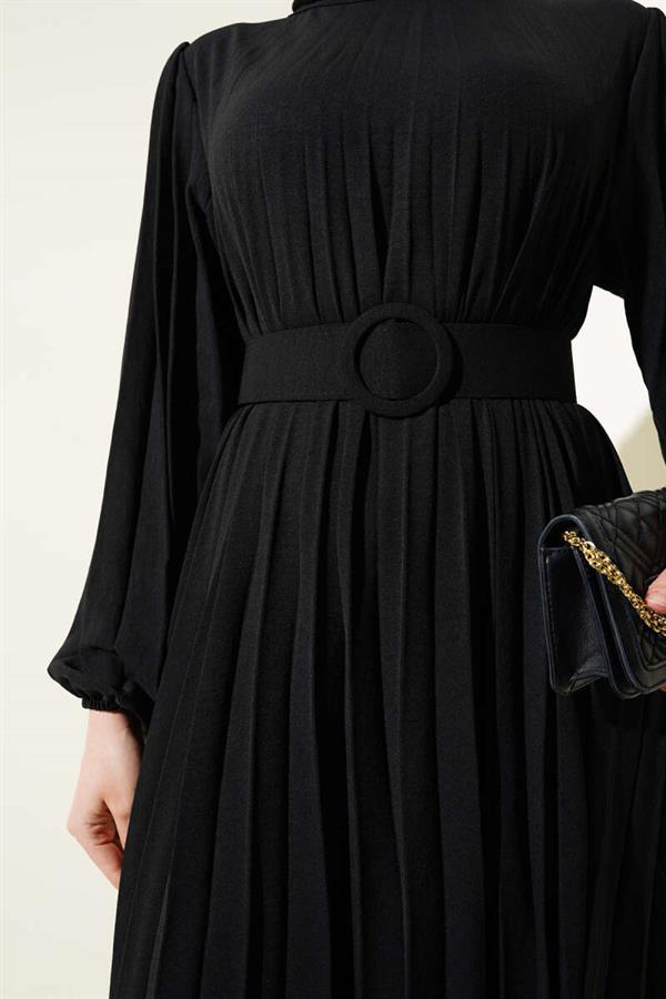 Pleated Belted Aerobin Dress Black