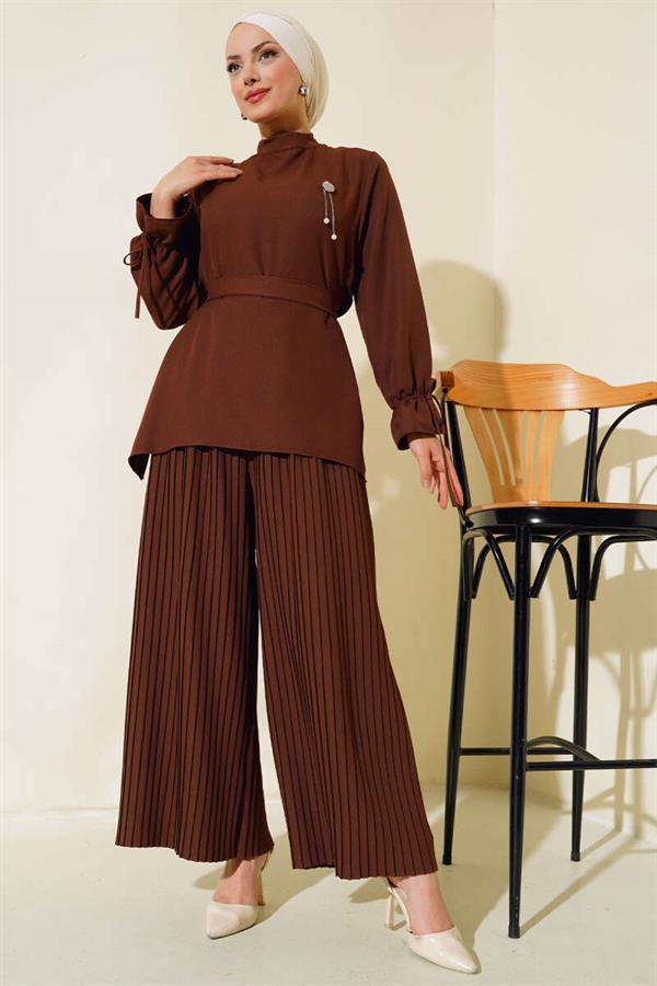 Pleated Trousers 2 Piece Set Brown