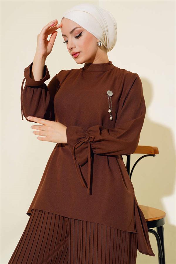Pleated Trousers 2 Piece Set Brown