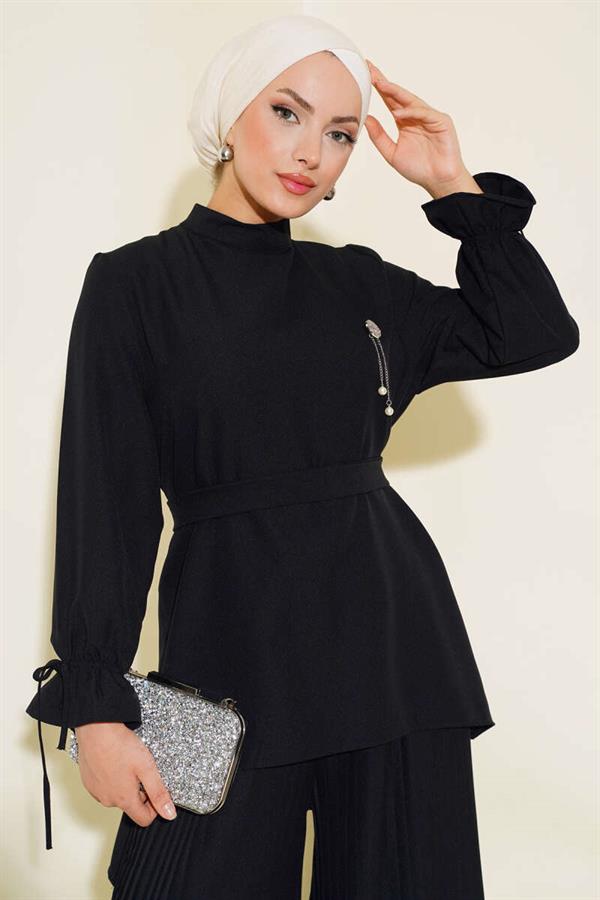 Pleated Trousers 2 Piece Set Black