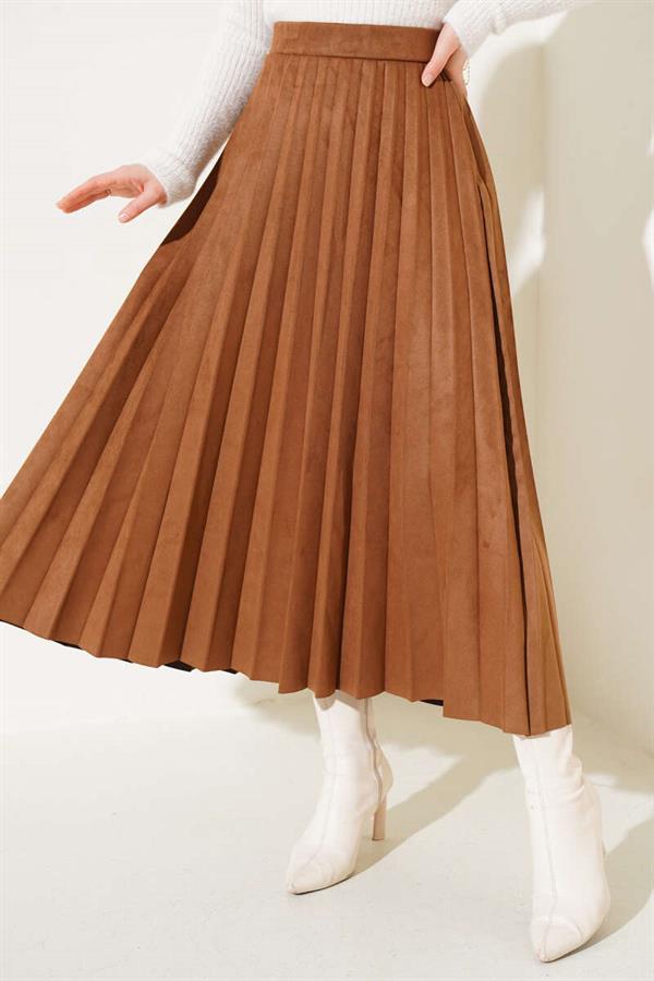 Pleated Suede Skirt Soft Brown