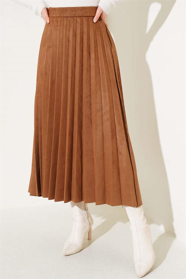 Pleated Suede Skirt Soft Brown