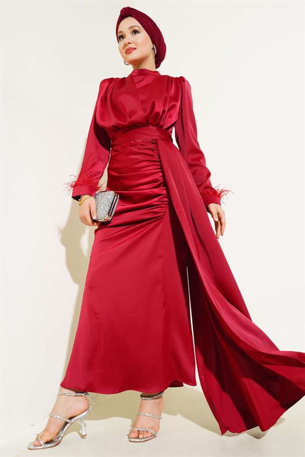 Pleated Feathered Cuff Dress Burgundy