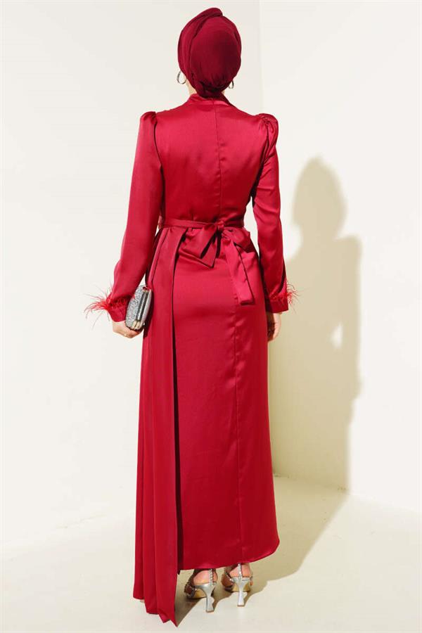 Pleated Feathered Cuff Dress Burgundy