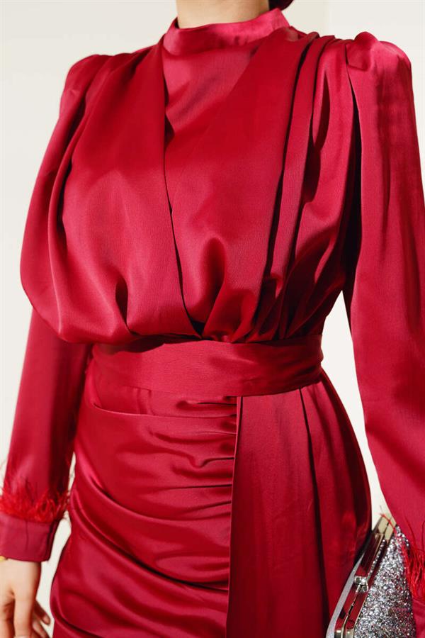 Pleated Feathered Cuff Dress Burgundy