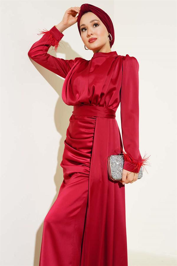 Pleated Feathered Cuff Dress Burgundy