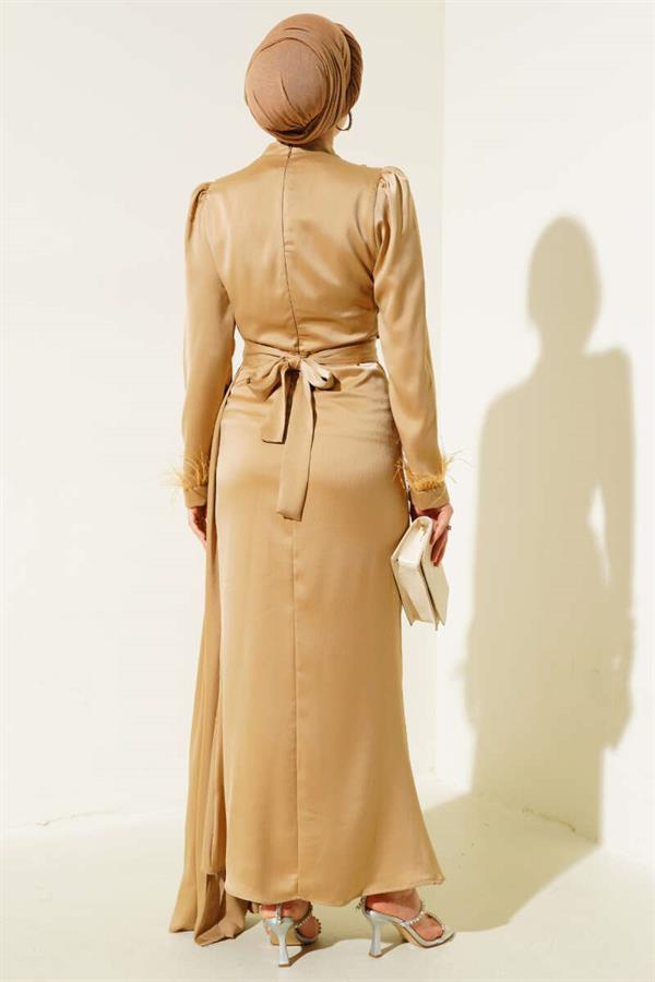 Pleated Feather Cuff Dress Latte