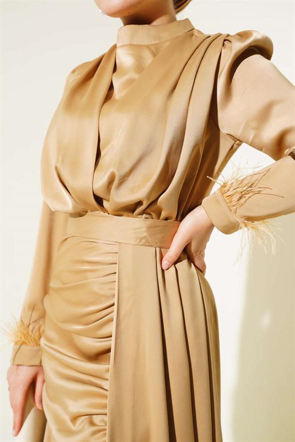 Pleated Feather Cuff Dress Latte