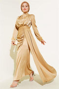 Pleated Feather Cuff Dress Latte