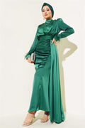 Pleated Feather Cuff Dress Emerald